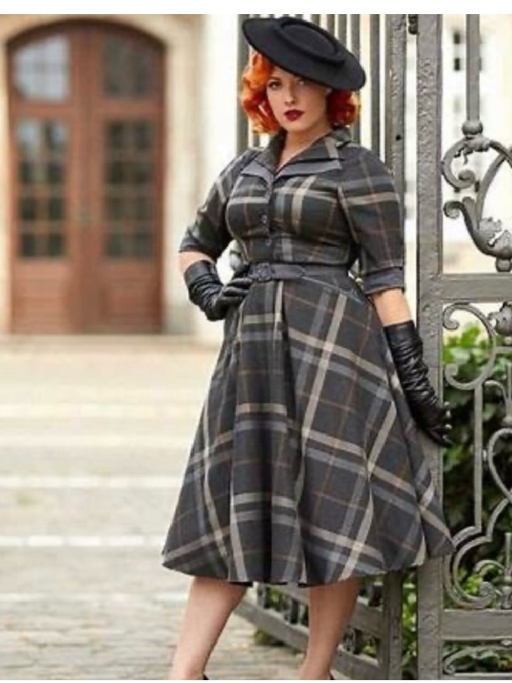 1940s Grey Tartan Sleeved Nour Swing Dress